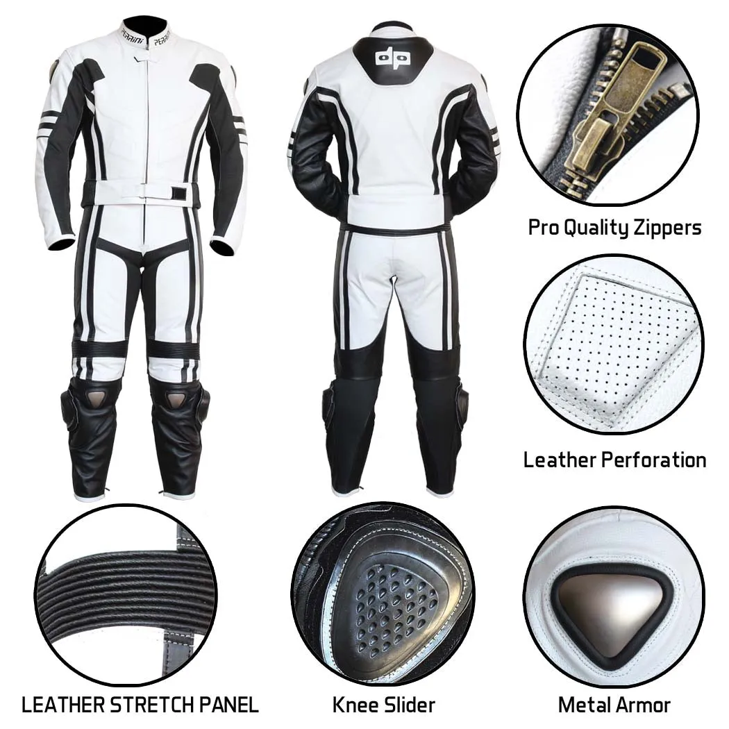 2 pc Perrini Ghost Motorcycle Racing Leather Suit With Metal Waist Zipper White