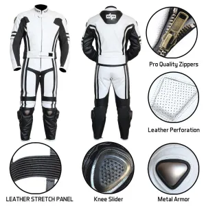 2 pc Perrini Ghost Motorcycle Racing Leather Suit With Metal Waist Zipper White
