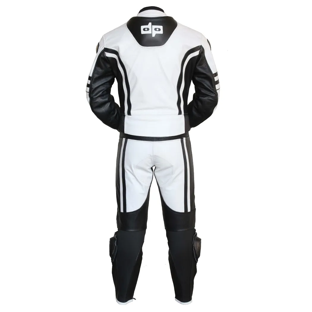 2 pc Perrini Ghost Motorcycle Racing Leather Suit With Metal Waist Zipper White