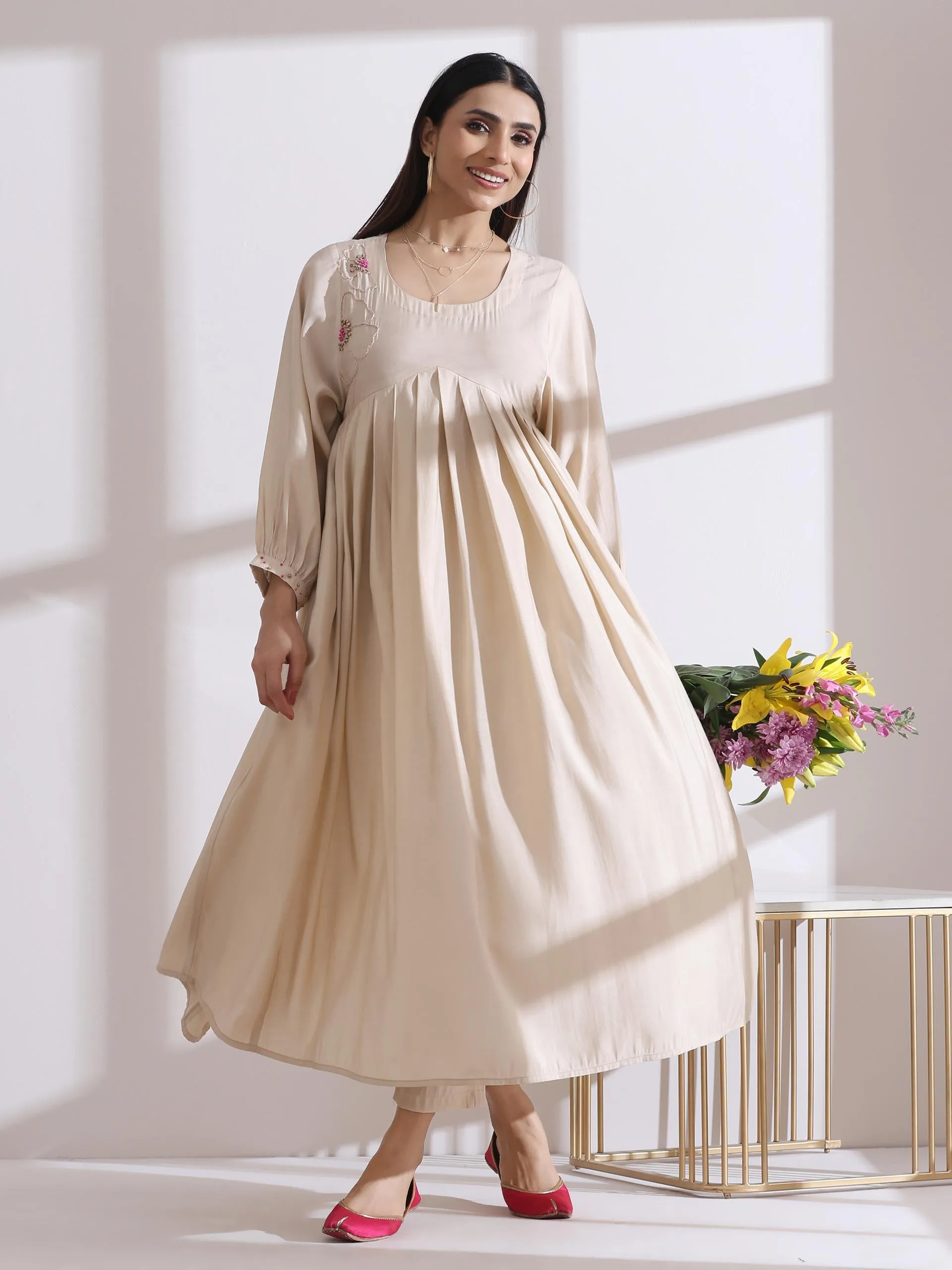 2 Pc Set - Airskin Fawn Handmade Flower Anarkali Kurta With Pants