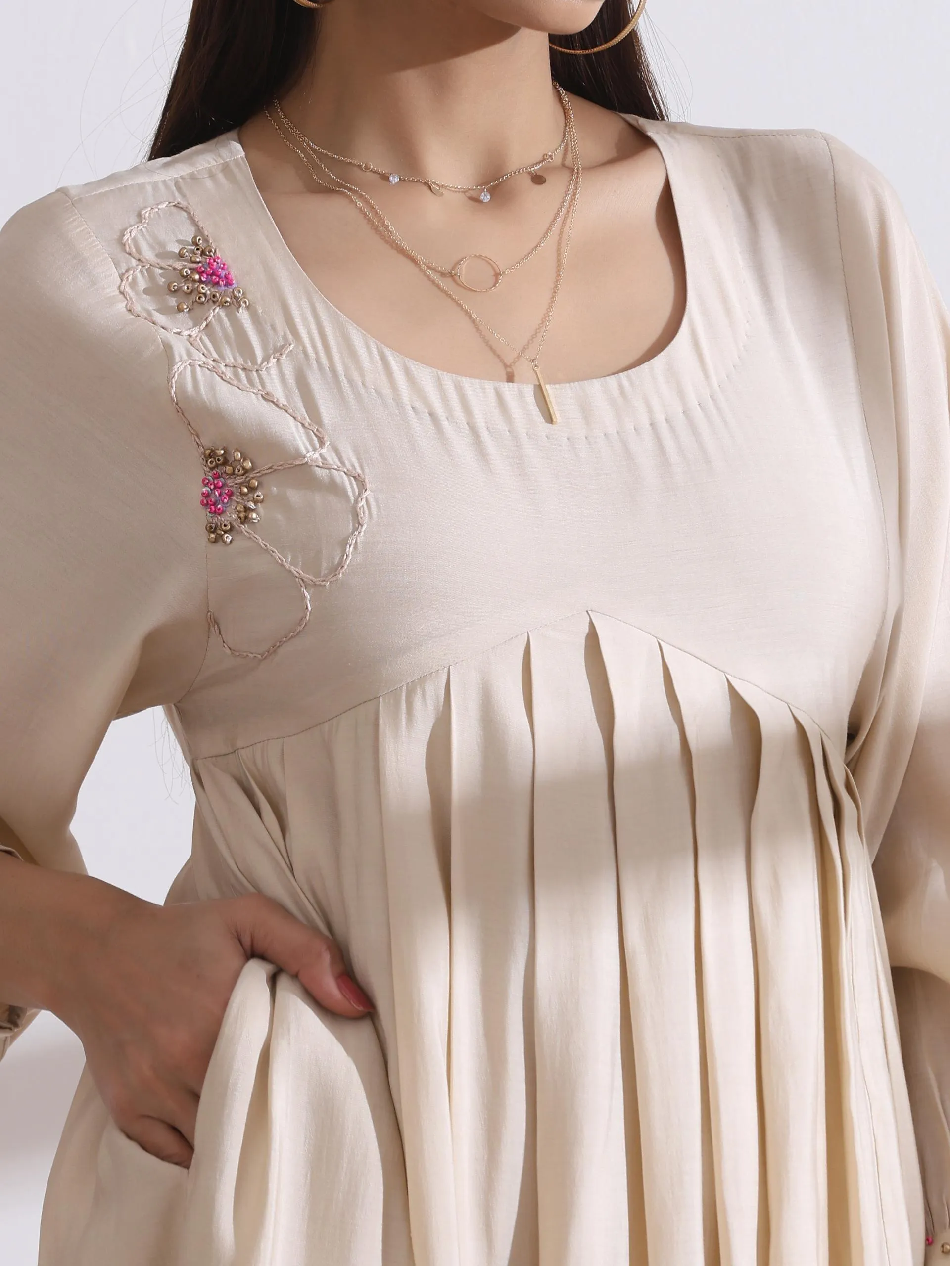 2 Pc Set - Airskin Fawn Handmade Flower Anarkali Kurta With Pants