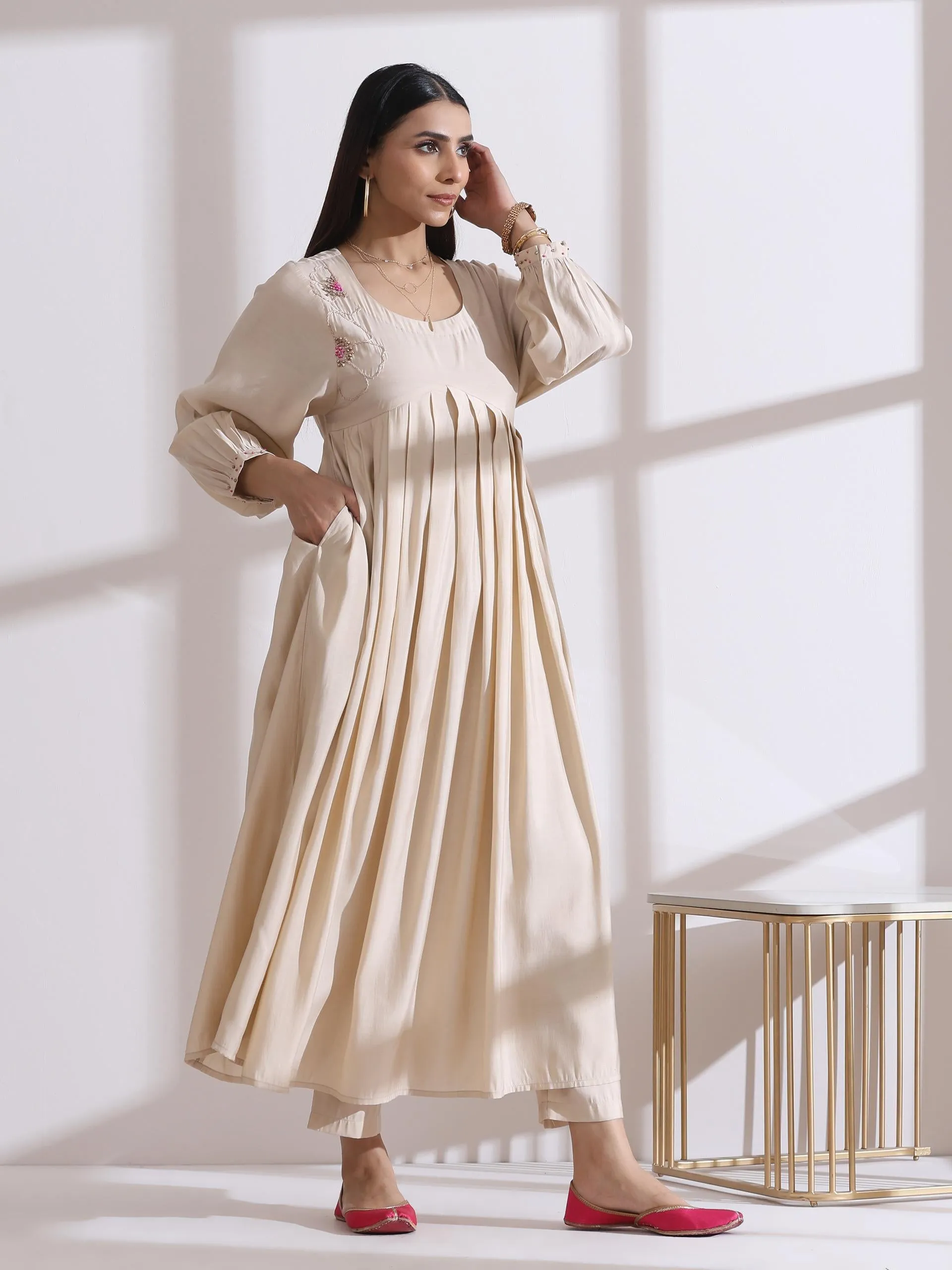2 Pc Set - Airskin Fawn Handmade Flower Anarkali Kurta With Pants