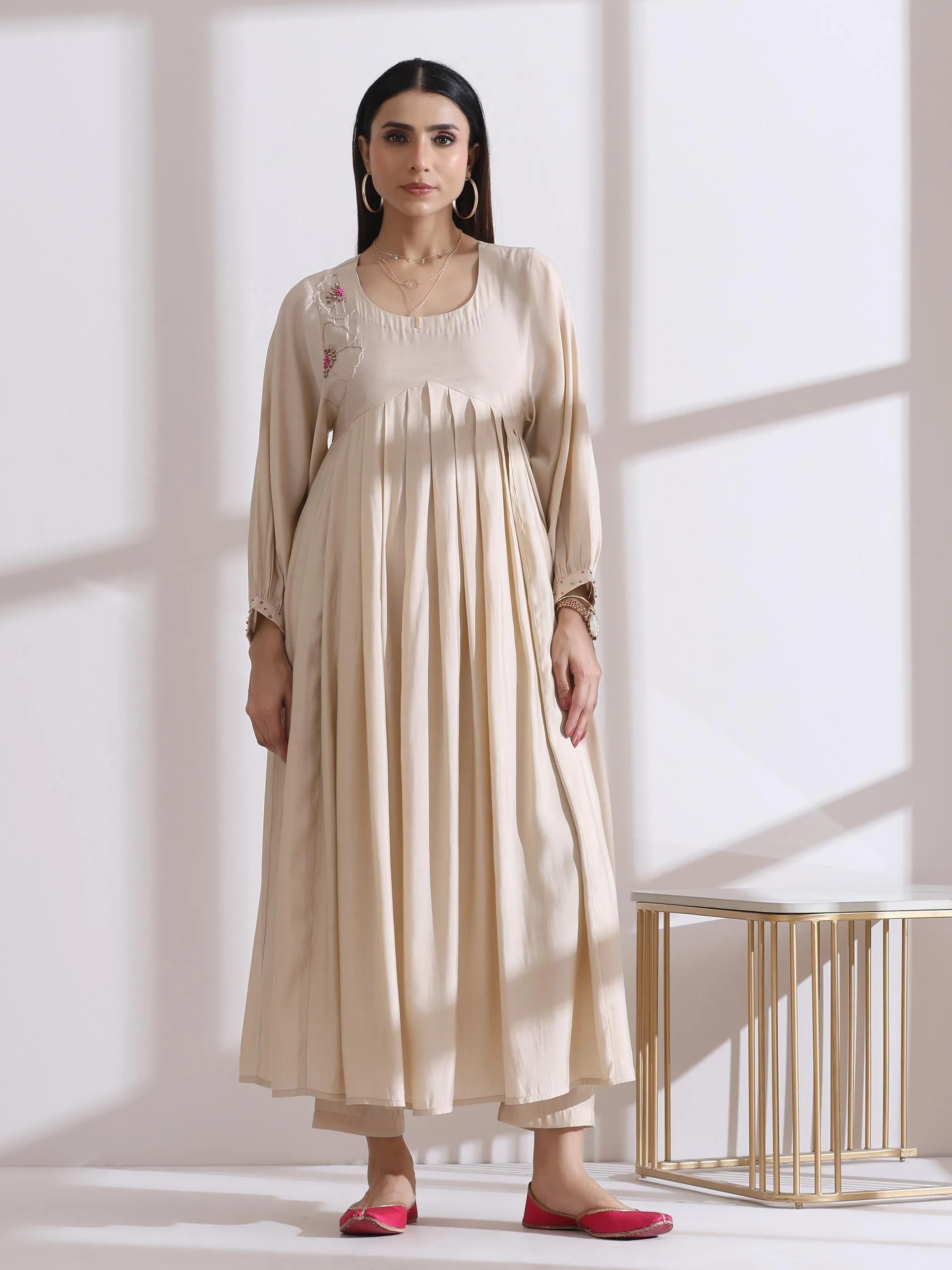 2 Pc Set - Airskin Fawn Handmade Flower Anarkali Kurta With Pants