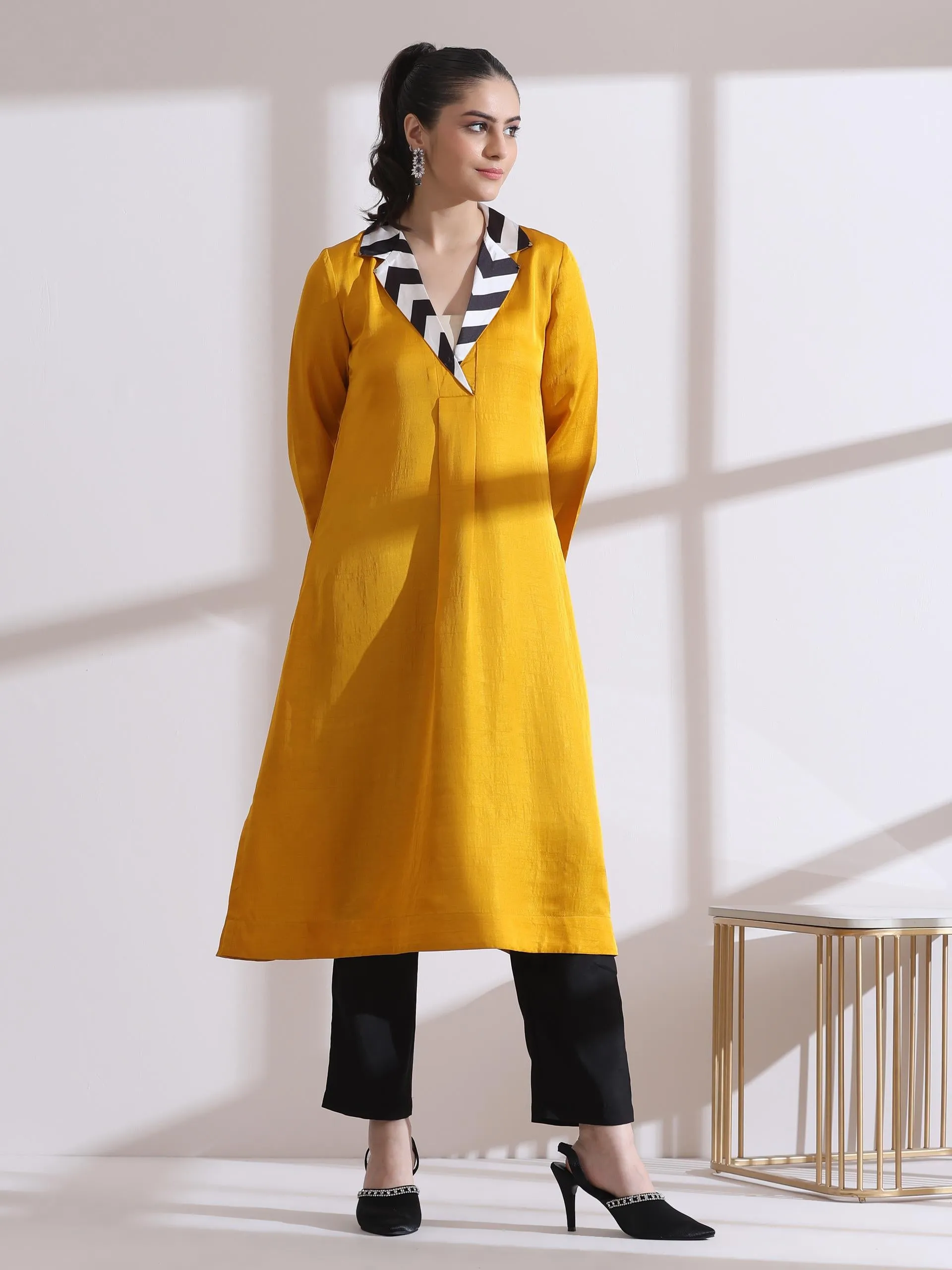 2 Pc Set - Prf'T Lux Mustard Striped Collar Kurta With Pants
