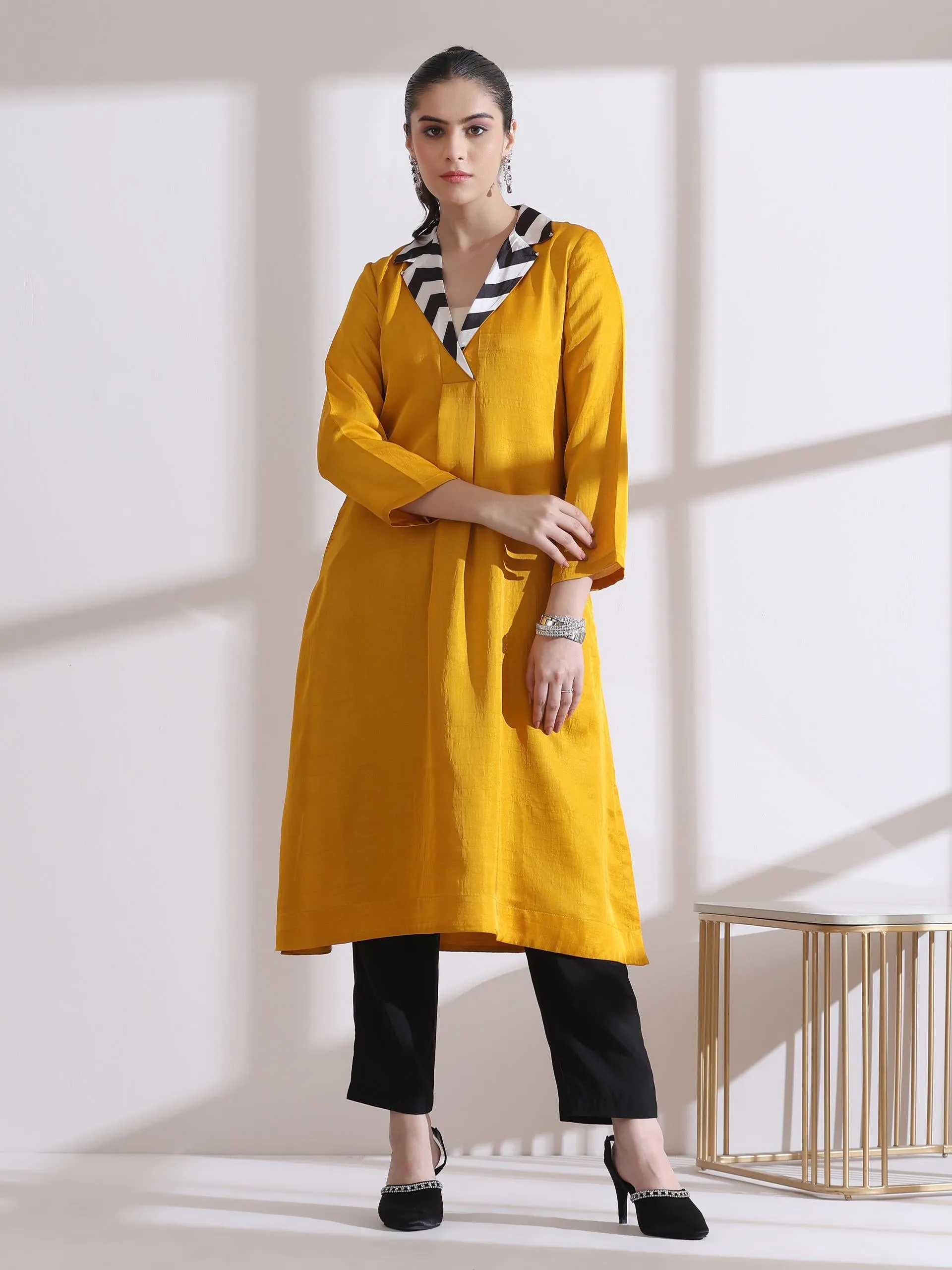 2 Pc Set - Prf'T Lux Mustard Striped Collar Kurta With Pants