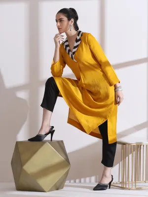 2 Pc Set - Prf'T Lux Mustard Striped Collar Kurta With Pants