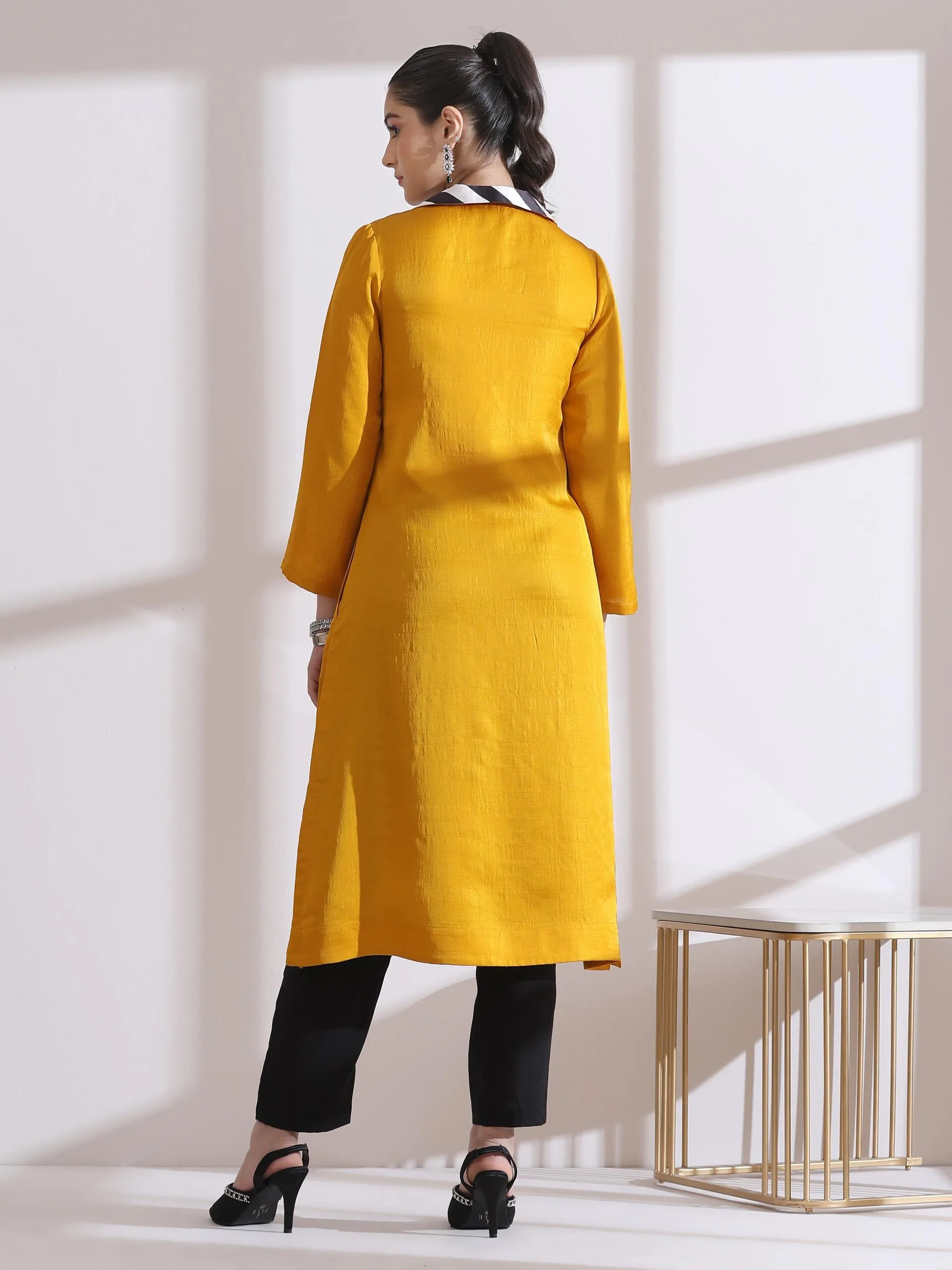2 Pc Set - Prf'T Lux Mustard Striped Collar Kurta With Pants