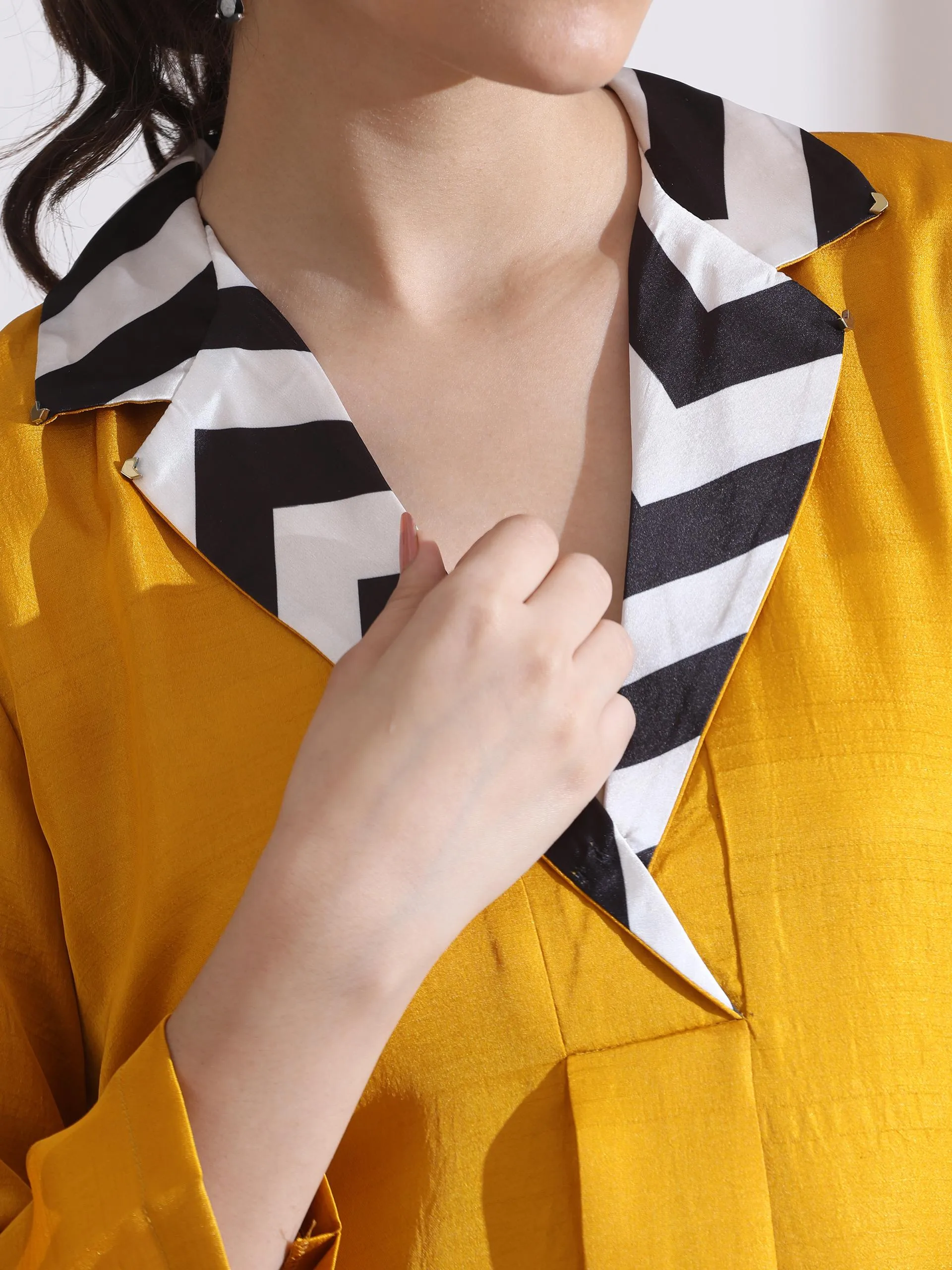 2 Pc Set - Prf'T Lux Mustard Striped Collar Kurta With Pants