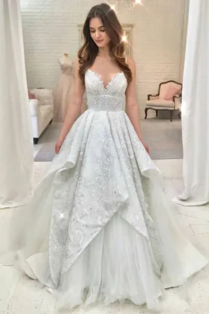 A-Line Spaghetti Straps Sweep Train White Wedding Dress with Lace OHD071