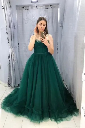 A Line Spaghetti Straps Sweetheart Sleeveless Long Green Tulle Prom Dress Evening Gown OHC329