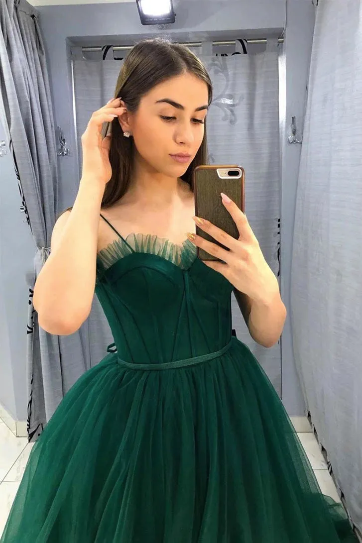 A Line Spaghetti Straps Sweetheart Sleeveless Long Green Tulle Prom Dress Evening Gown OHC329
