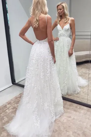 A Line Spaghetti Straps White Backless Sleeveless Tulle Wedding Dresses with Appliques OHD106