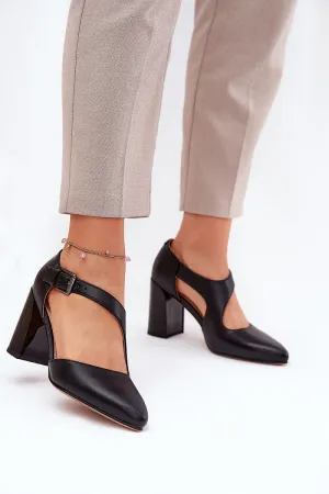 Almond toes natural leather block heel pumps