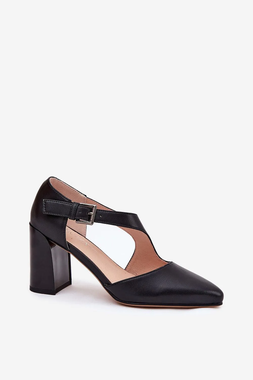 Almond toes natural leather block heel pumps