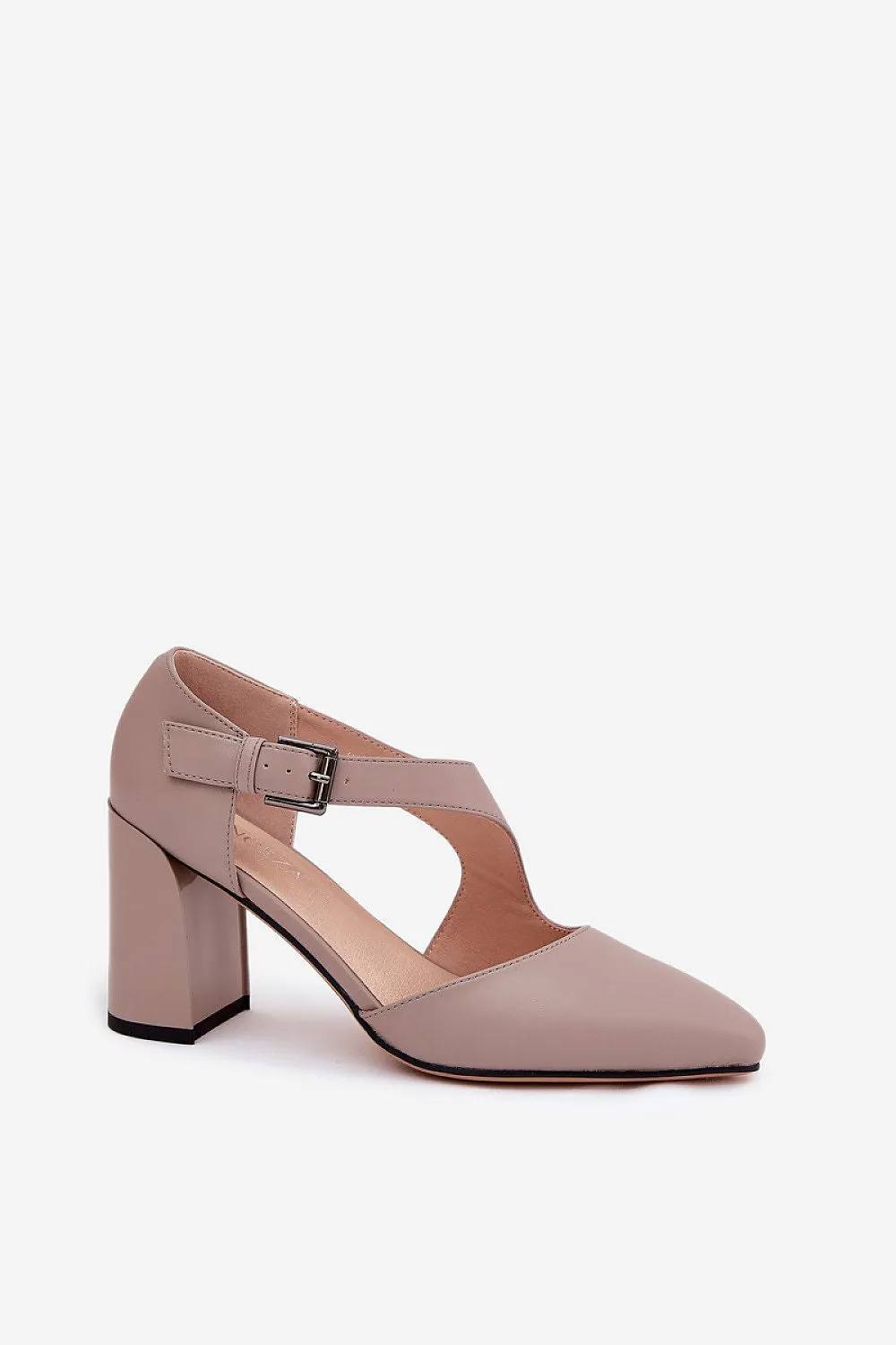 Almond toes natural leather block heel pumps