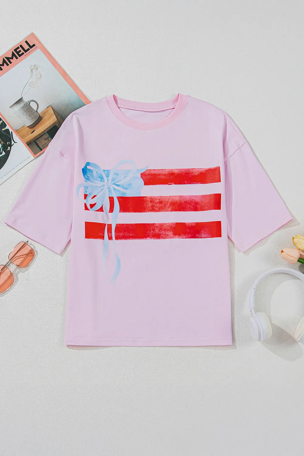 America Flag Bow Graphic Crewneck Tee