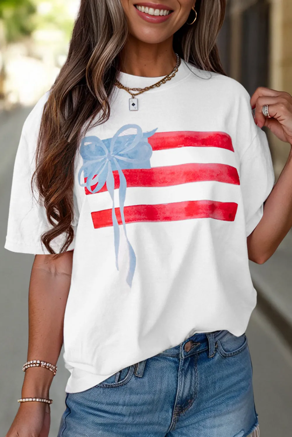 America Flag Bow Graphic Crewneck Tee