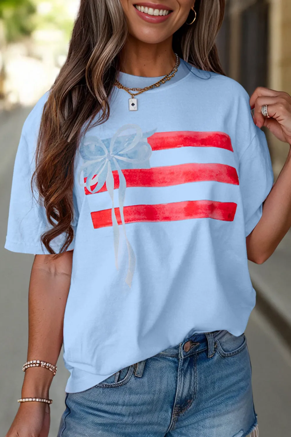 America Flag Bow Graphic Crewneck Tee