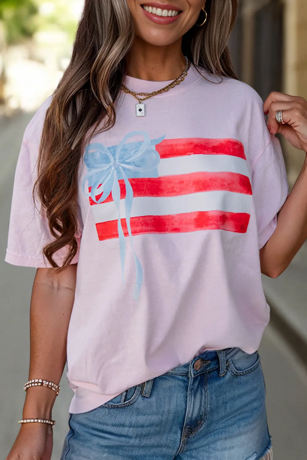 America Flag Bow Graphic Crewneck Tee