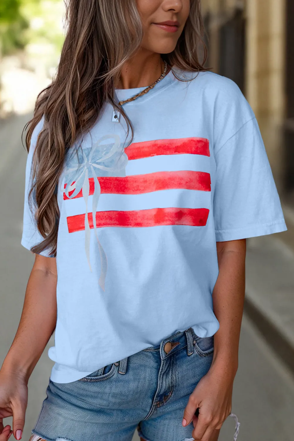 America Flag Bow Graphic Crewneck Tee