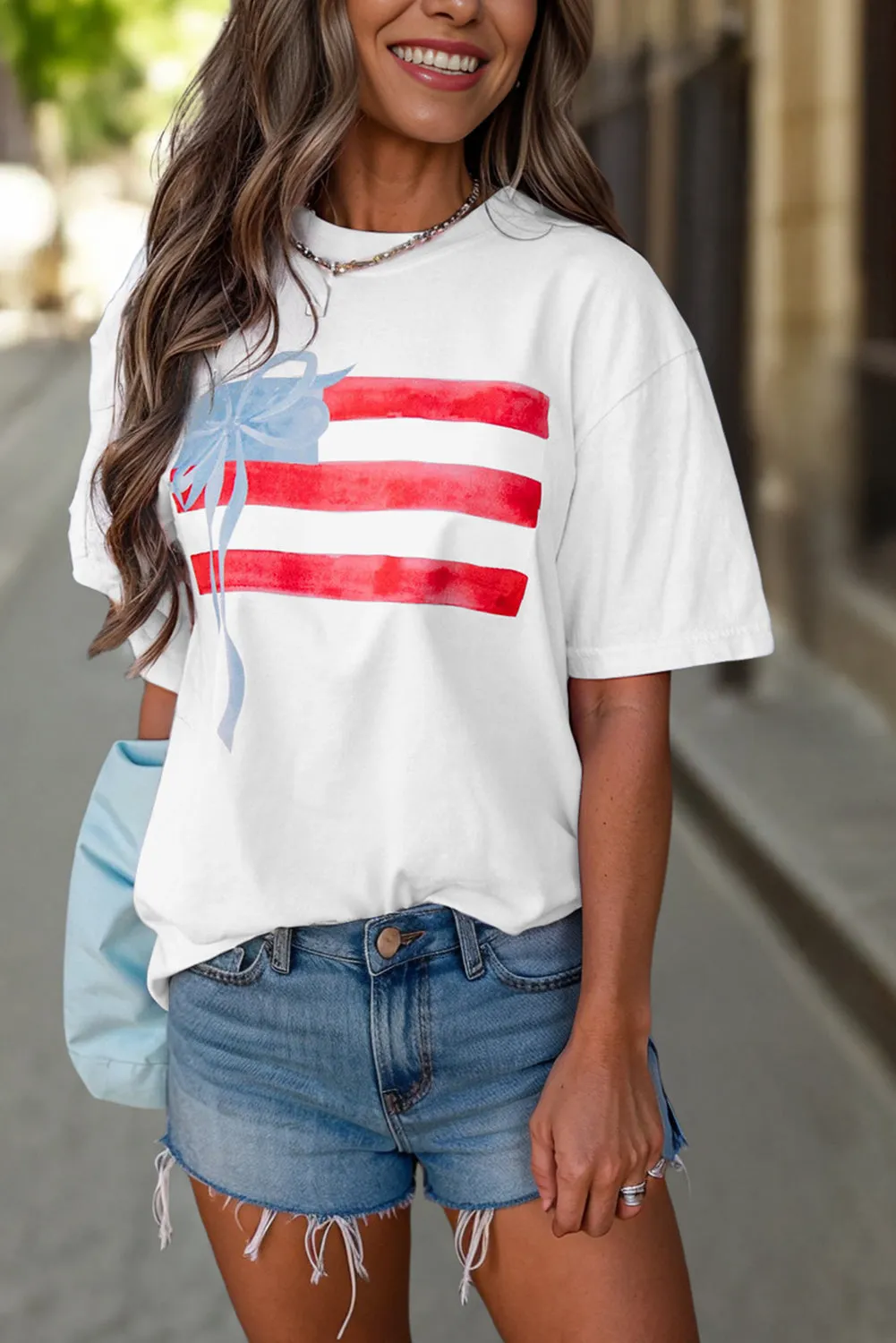 America Flag Bow Graphic Crewneck Tee