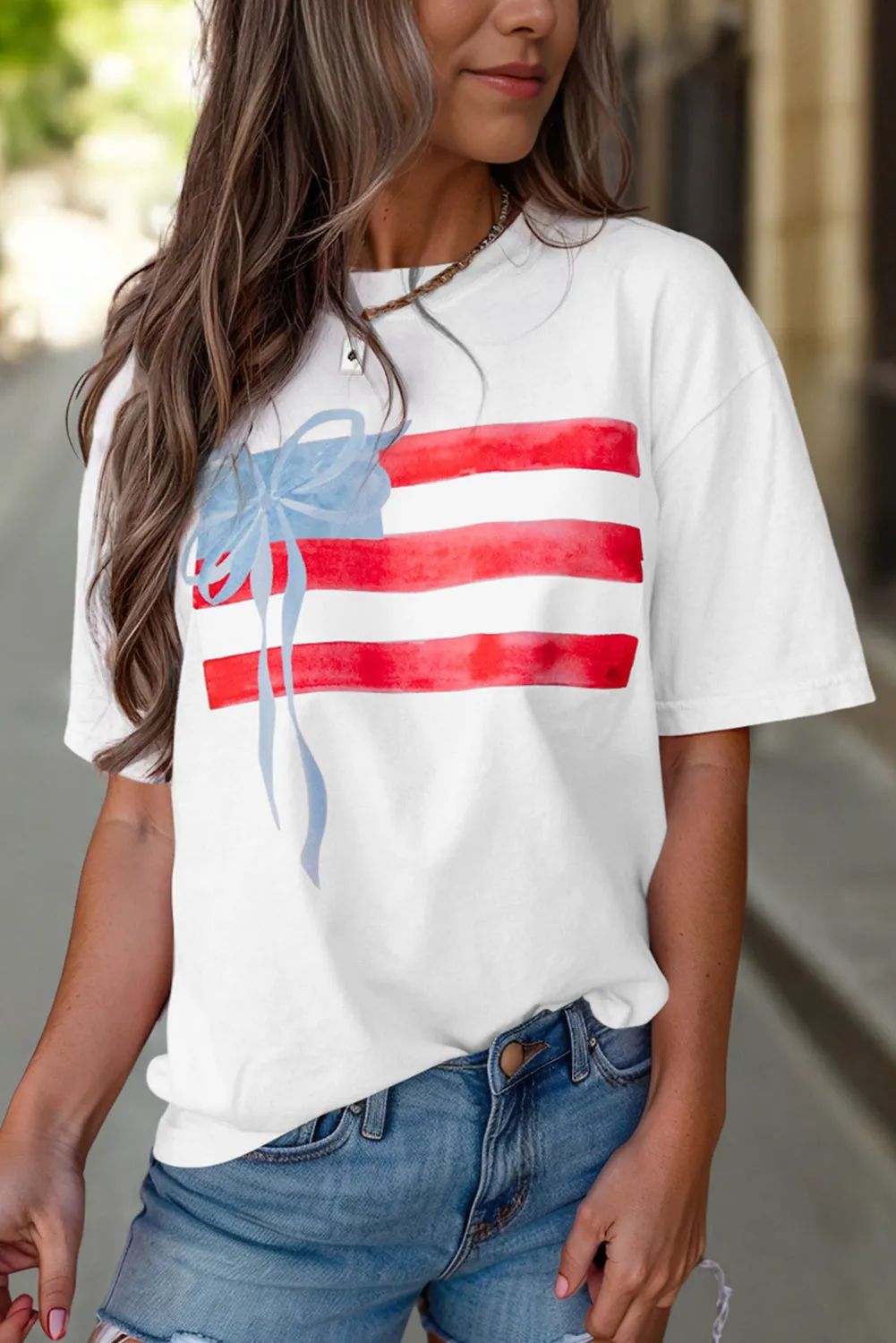America Flag Bow Graphic Crewneck Tee