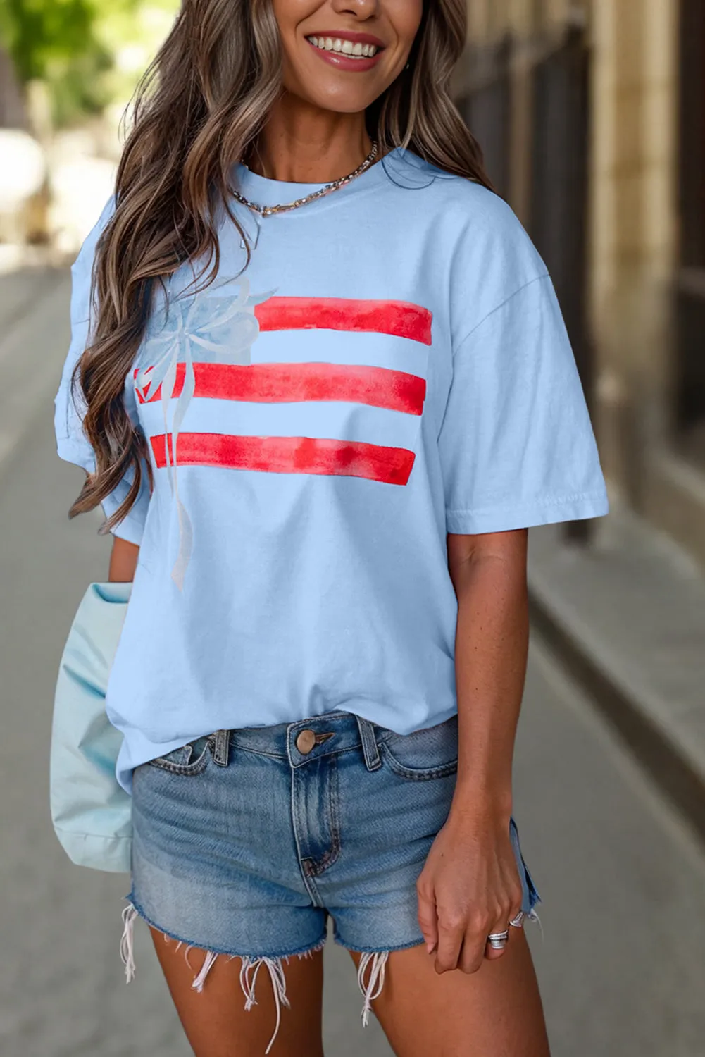 America Flag Bow Graphic Crewneck Tee