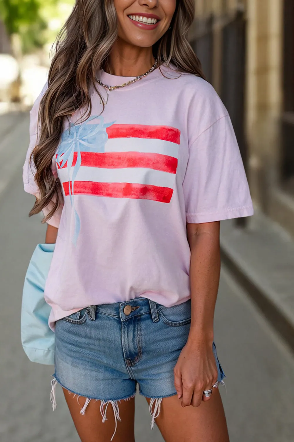America Flag Bow Graphic Crewneck Tee