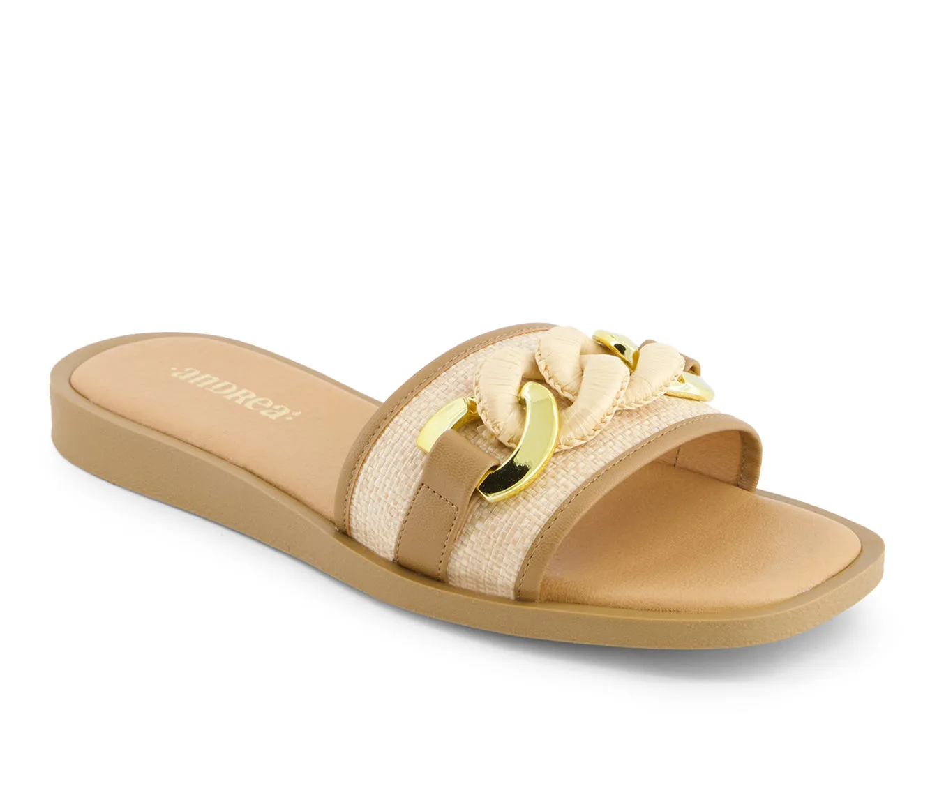 Andrea Women's Flat Sandals With Golden and Beige Charm on Textile upper 69425