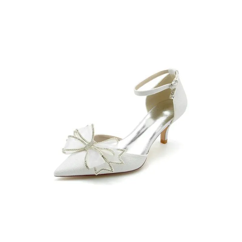 Ankle Strap Pointed Toe Glitter Crystal Wedding Shoes with Bow
