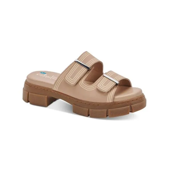 AQUA COLLEGE Womens Beige Hippie Round Toe Block Heel Slip On Slide Sandals 11 M