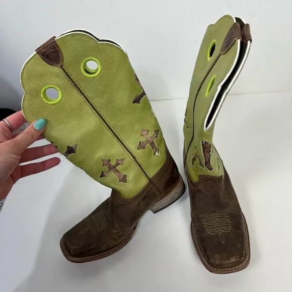 Ariat Boys Green Leather Camo Cross Square Toe Western Rodeo Boots