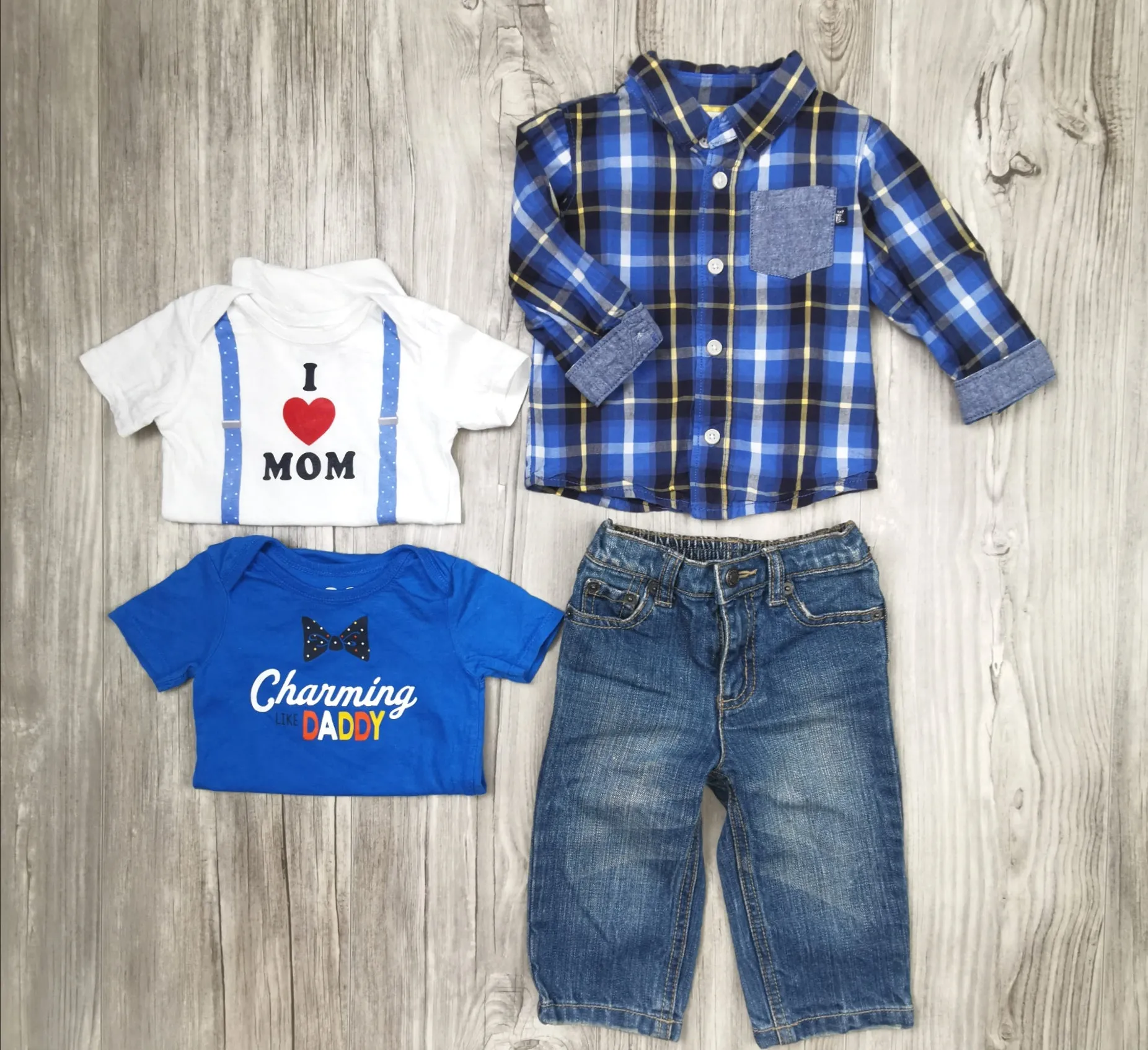 BABY BOY SIZE 9/12 MONTHS - GREENDOG, OSHKOSH & CHILDREN'S PLACE, 4 Piece Mix N Match Outfit EUC B14