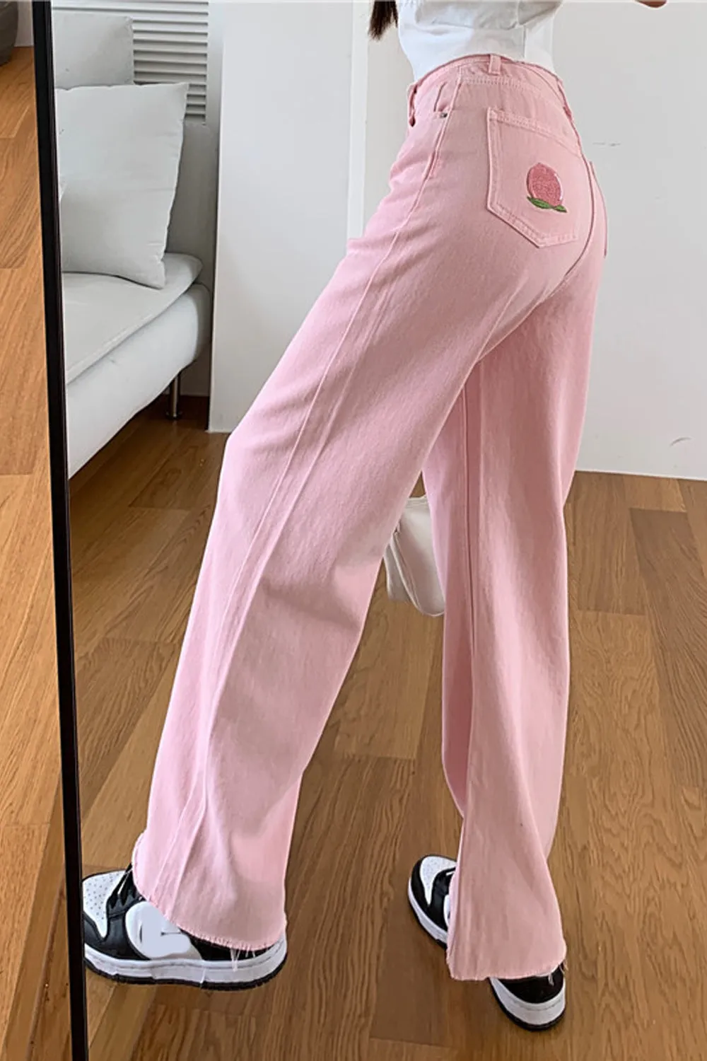 Back Cute Pocket Embroidered Sweet Pink Jeans Pants
