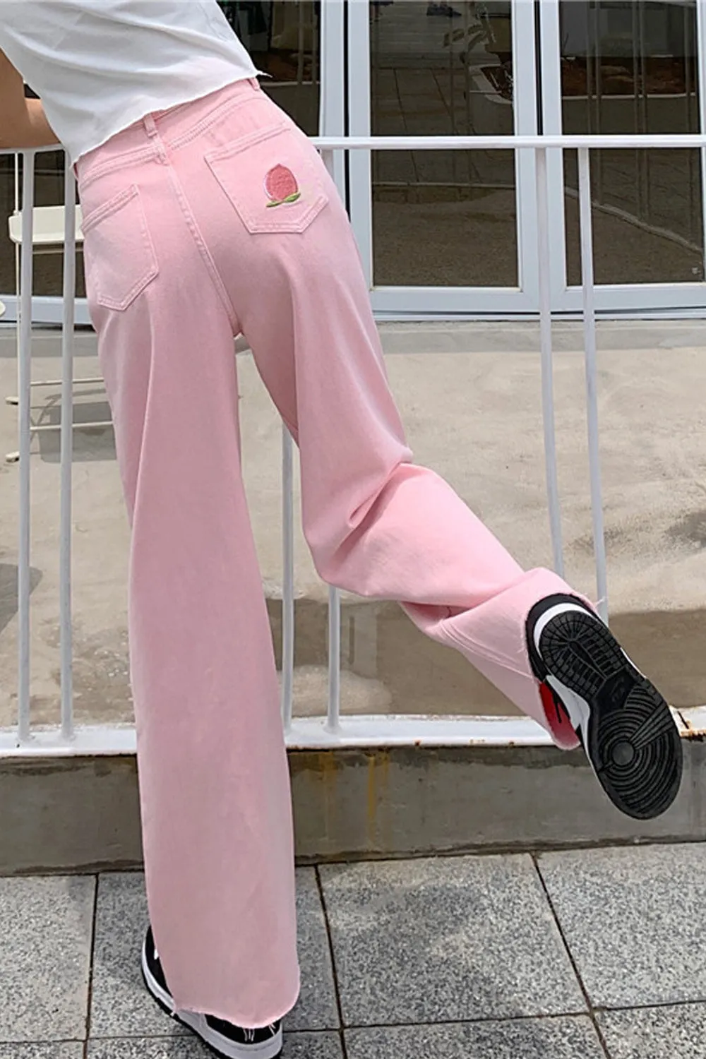 Back Cute Pocket Embroidered Sweet Pink Jeans Pants