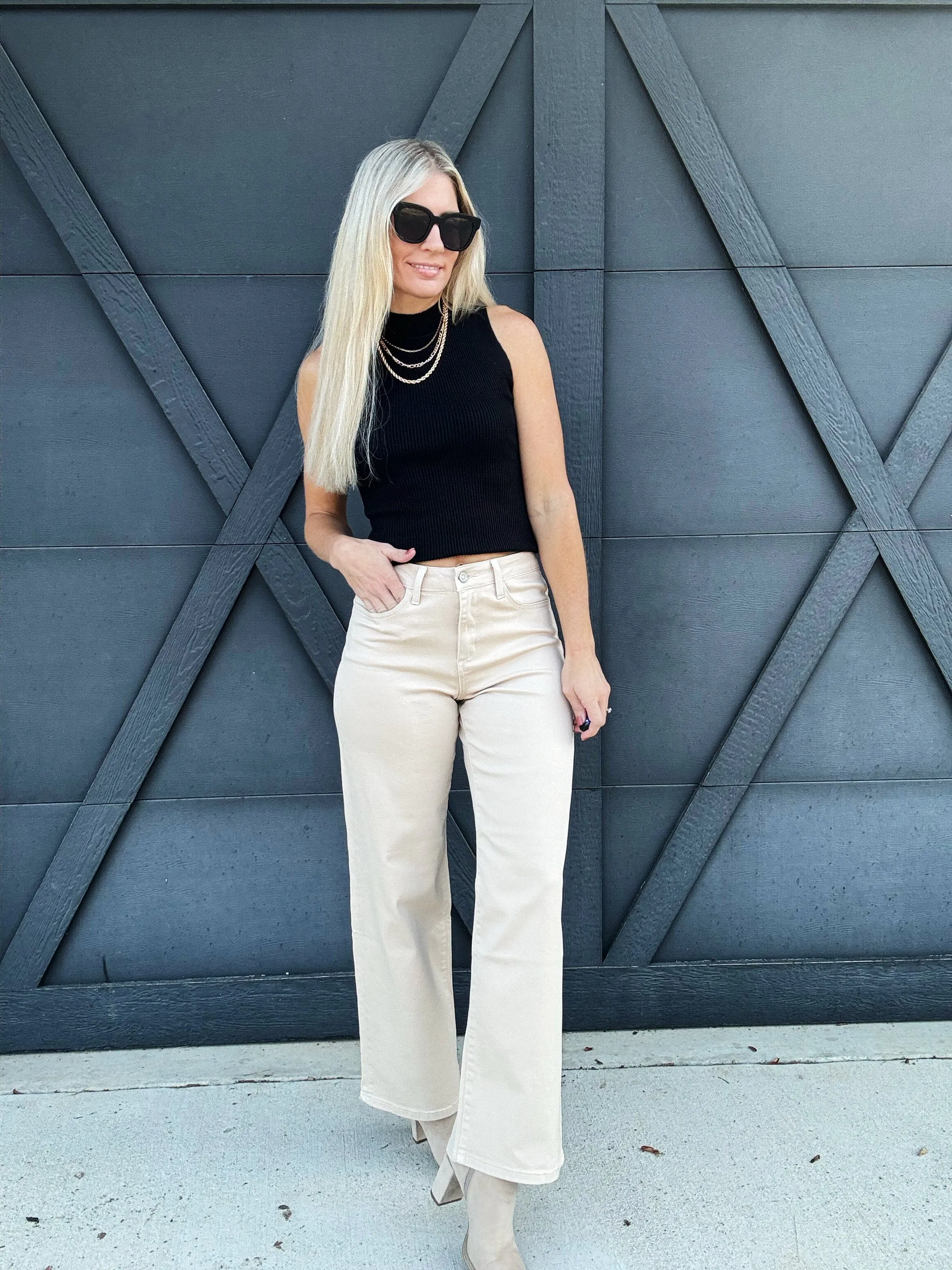 Bayeas High Rise Wide Leg Twill Pants In Khaki