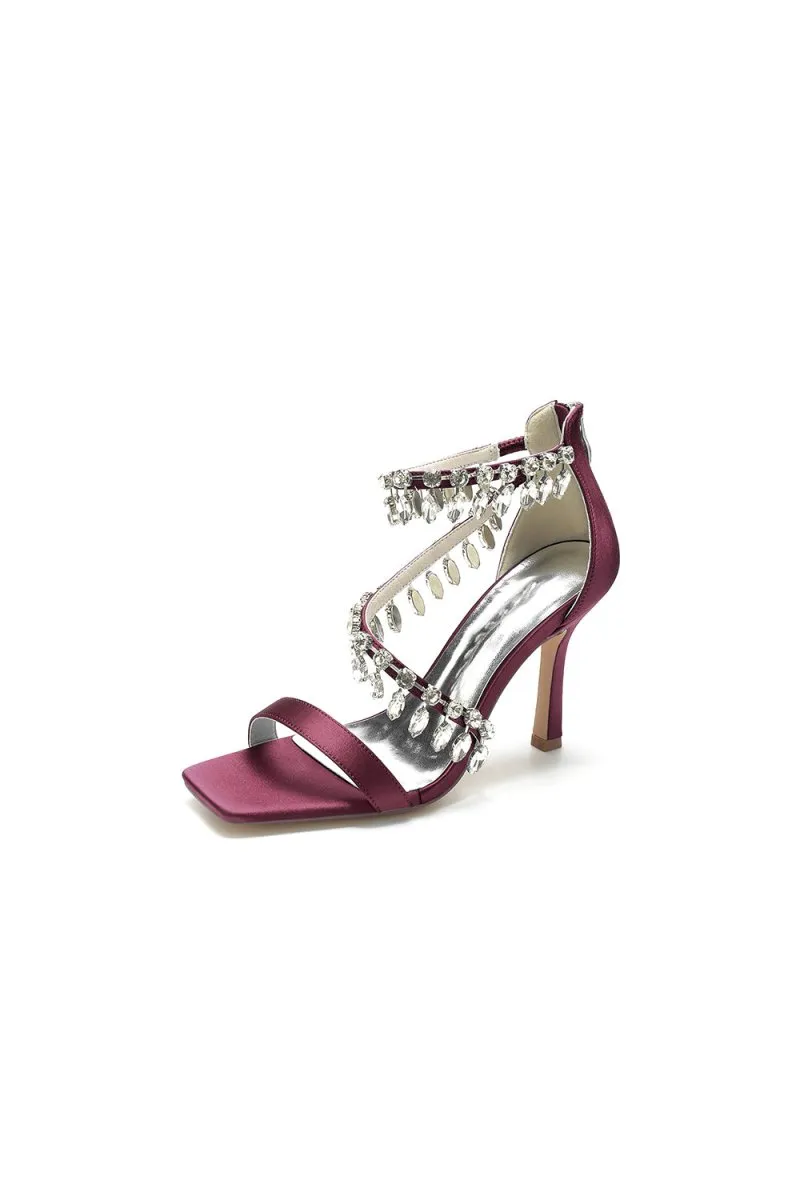 Beaded Square Open Toe Ankle Strap Satin Stiletto Heels