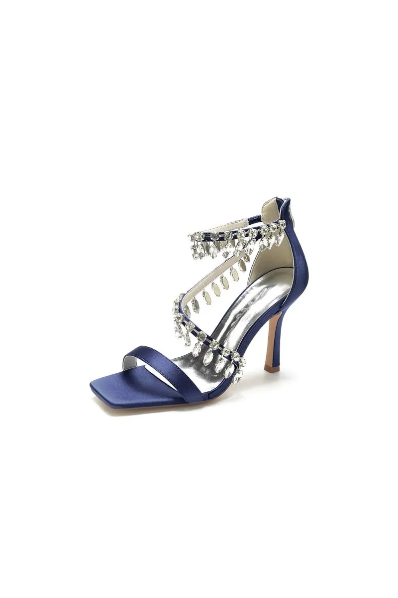Beaded Square Open Toe Ankle Strap Satin Stiletto Heels