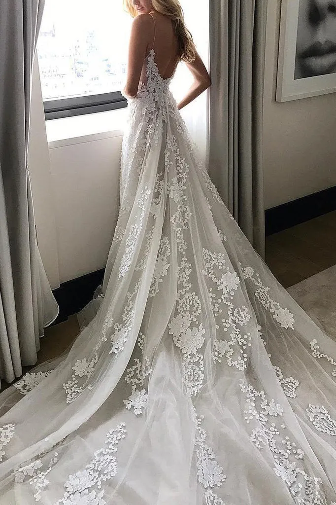 Beautiful A-line Spaghetti Straps Sweep Train Sleeveless Backless Long Tulle Bridal Gown Wedding Dresses OHD151