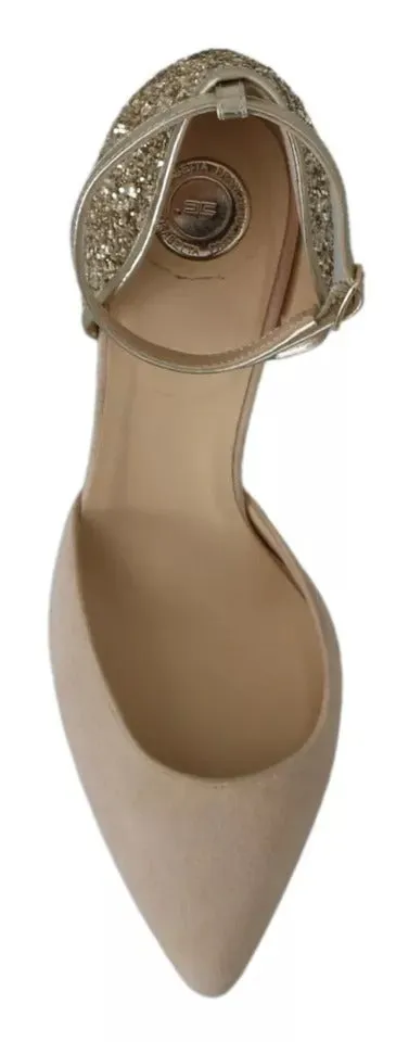 Beige Linen Ankle Strap High Heels Shoes