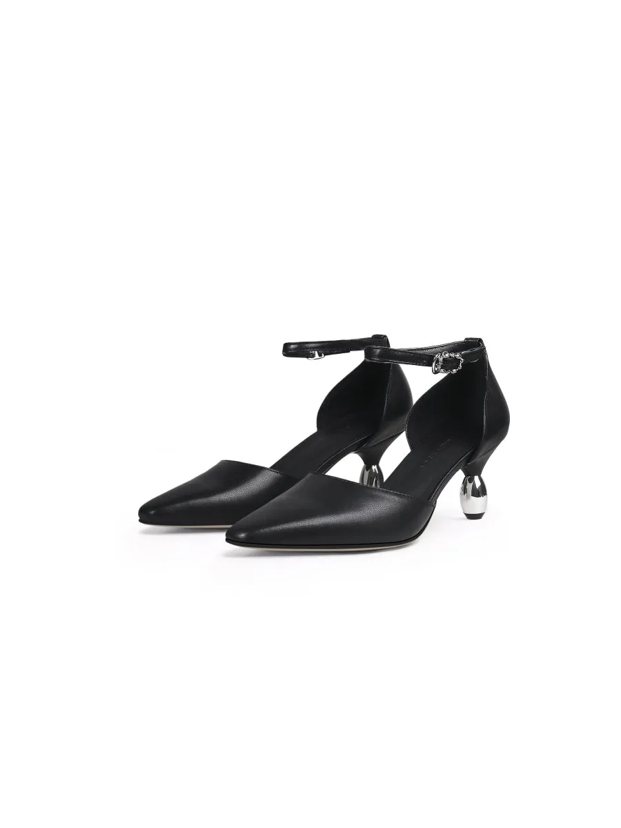 Black Abalone & Silver Drop-Heel Point Toe Leather Ankle Sling Back Sandals