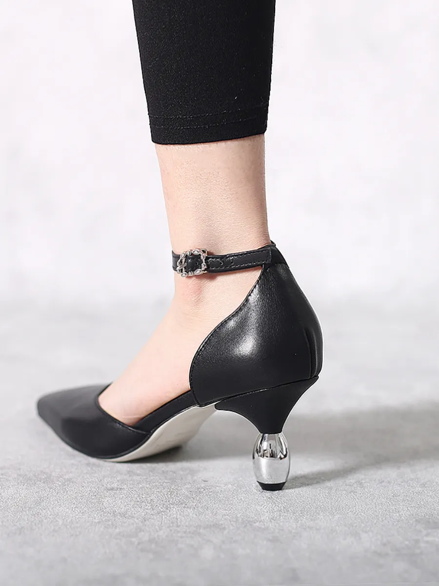 Black Abalone & Silver Drop-Heel Point Toe Leather Ankle Sling Back Sandals