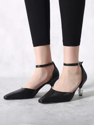 Black Abalone & Silver Drop-Heel Point Toe Leather Ankle Sling Back Sandals