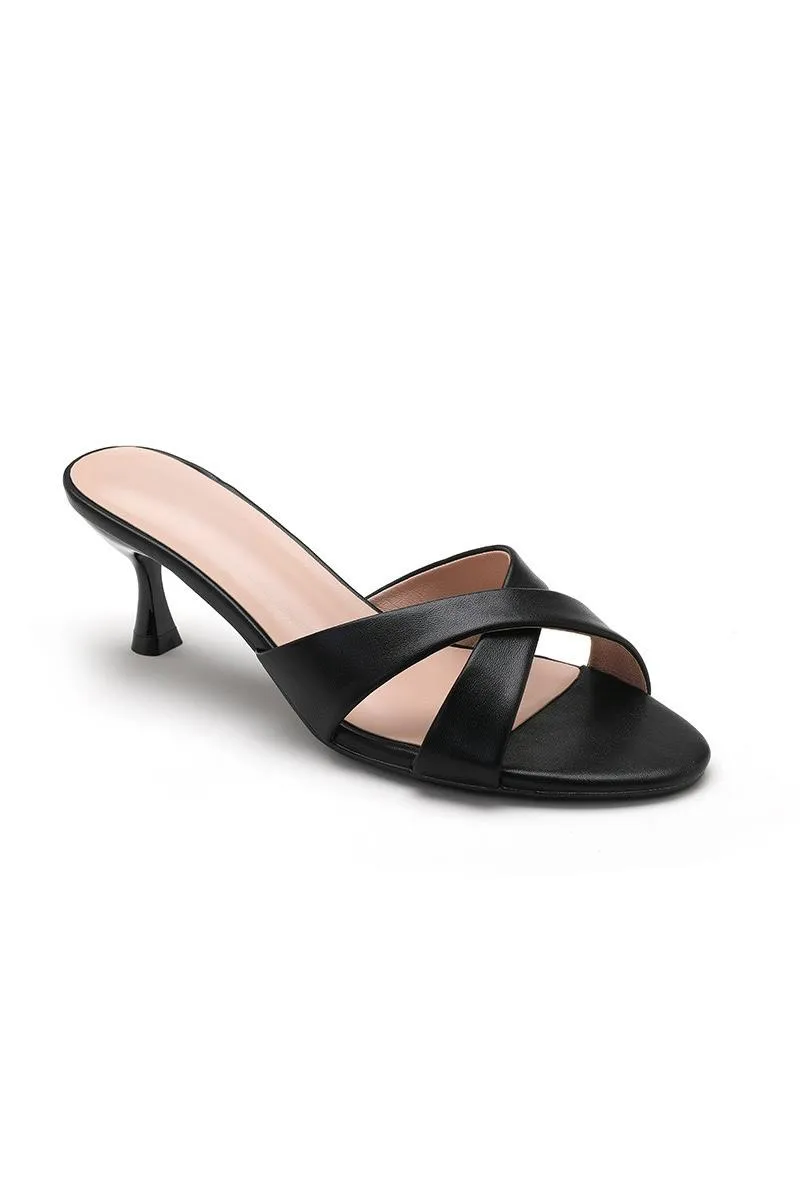 BLACK CROSS STRAP SLIP ON OPEN TOE MULES