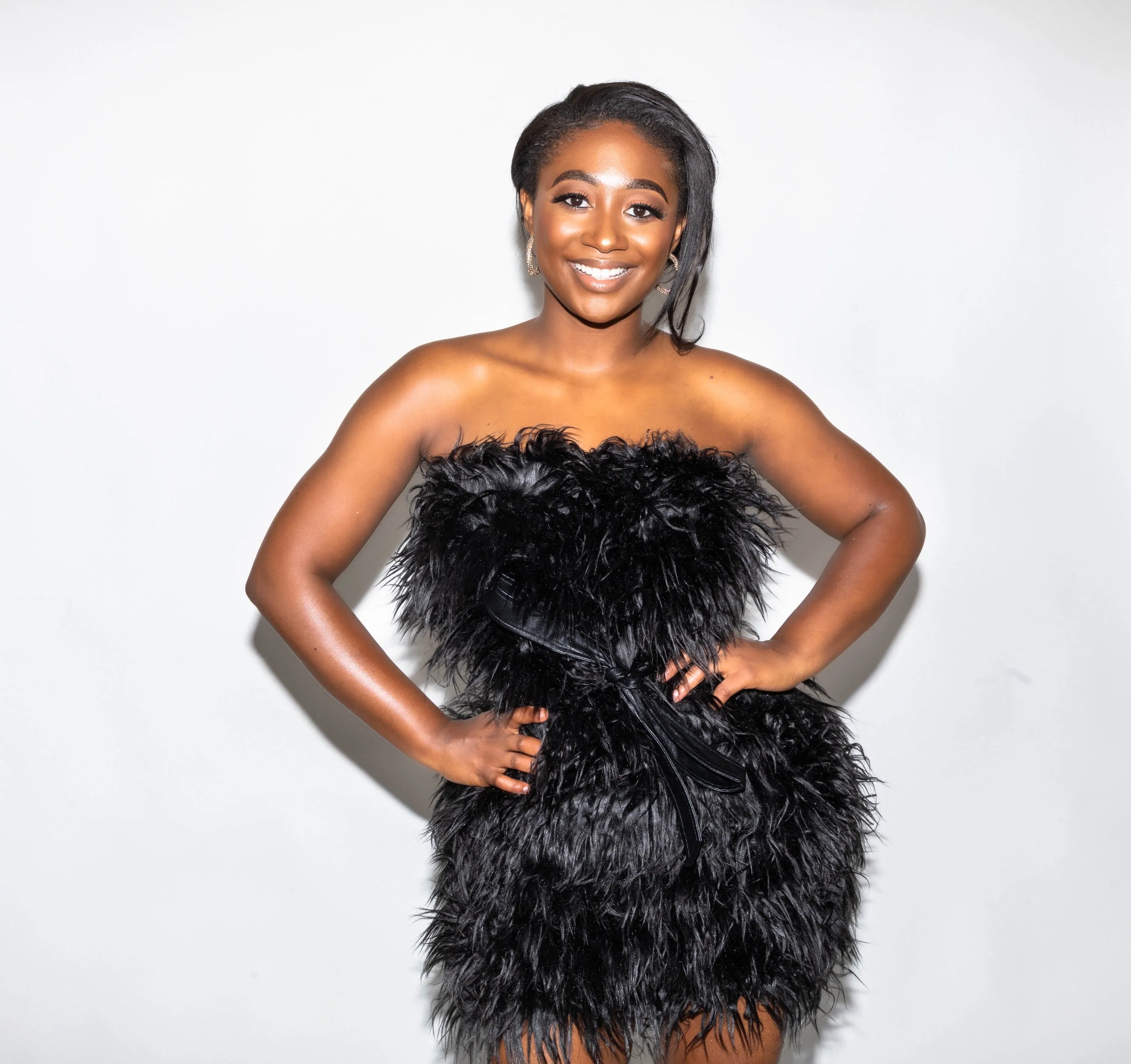 Black Detail Faux Feather Dress