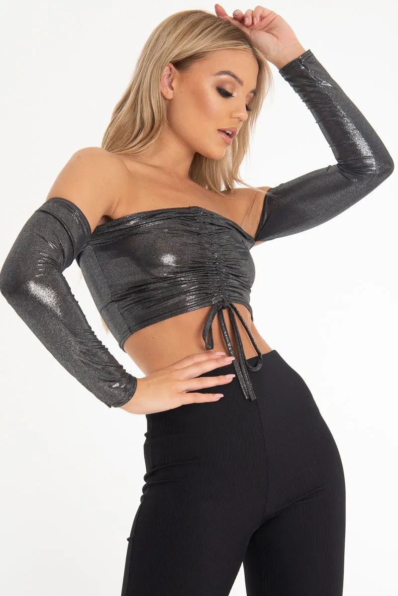 Black Glitter Ruched Front Bardot Long Sleeve Top - Cici