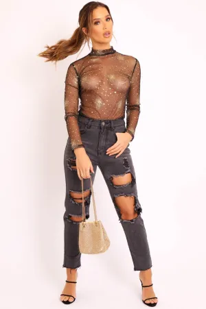 Black Gold Glitter Mesh Long Sleeve Bodysuit - Kharlie