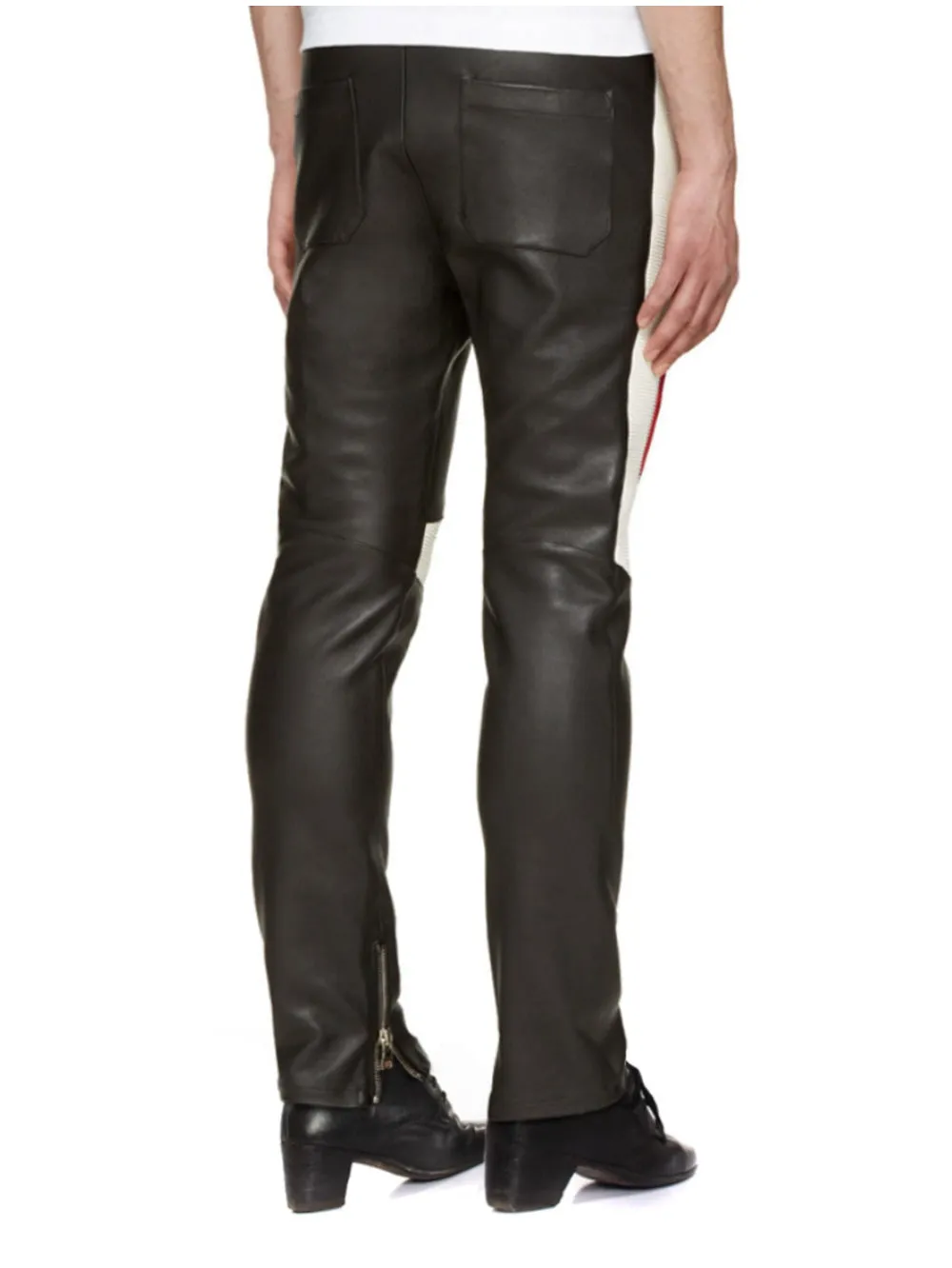 Black Ribbed Genuine Leather Color Block Pants for Men