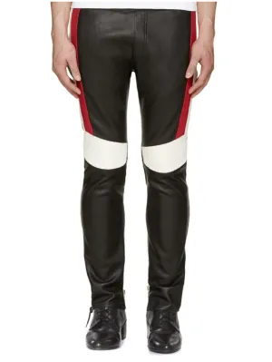 Black Ribbed Genuine Leather Color Block Pants for Men