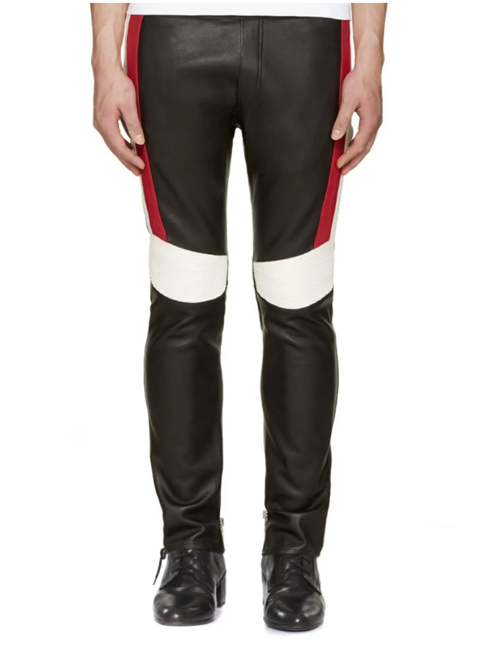 Black Ribbed Genuine Leather Color Block Pants for Men